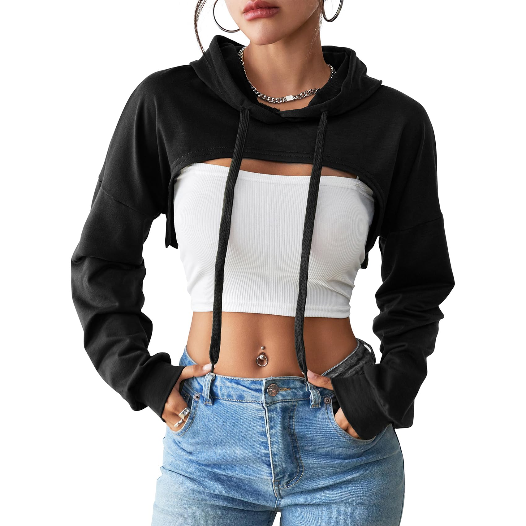 Durio Women Long Sleeve Cropped Hoodies Sweatshirt Super Crop Tops