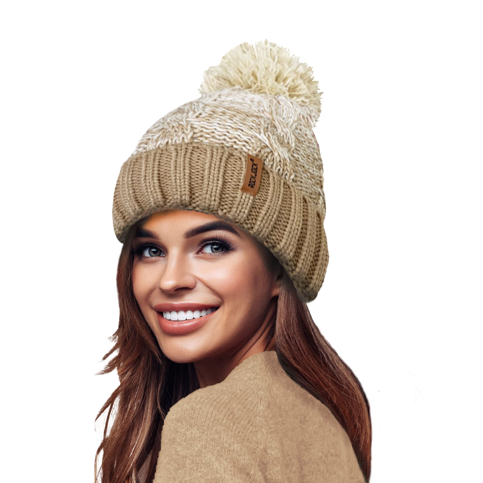 Rockjock Women's Camel/Cream Stormactive 100% Waterproof Unisex Chunky Ombre Warm Winter Teddy Fleece Lined Knitted Pompom Beanie Hat