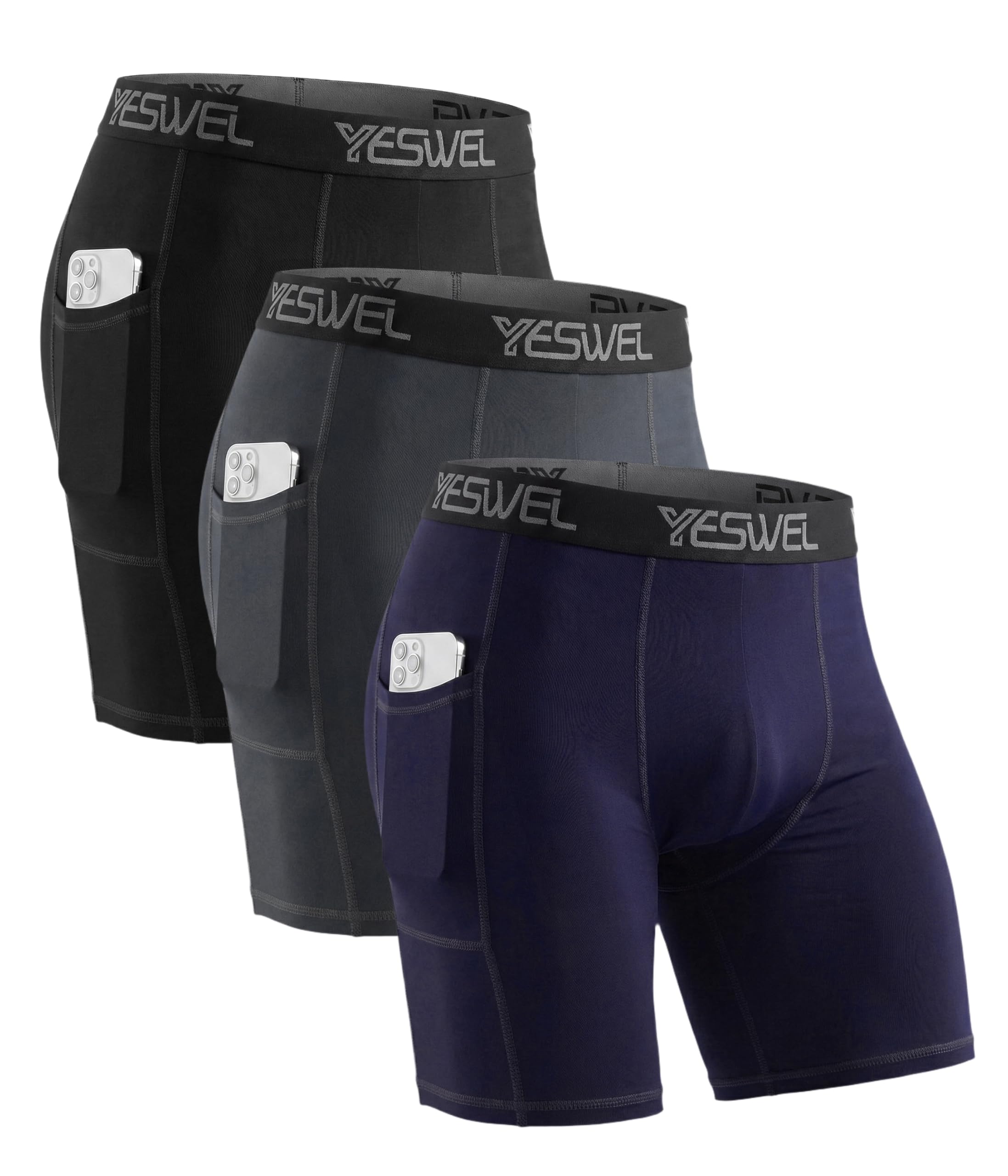 YESWEL Kompressionsshorts Herren 3er Pack, Laufhose Herren Kurz, Radlerhose | Vier‑Wege‑Stretch, ohne Sitzpolster, seitliche Handytasche, Flatlock‑Naht, breiter Bund, schnelltrocknend, für Sport