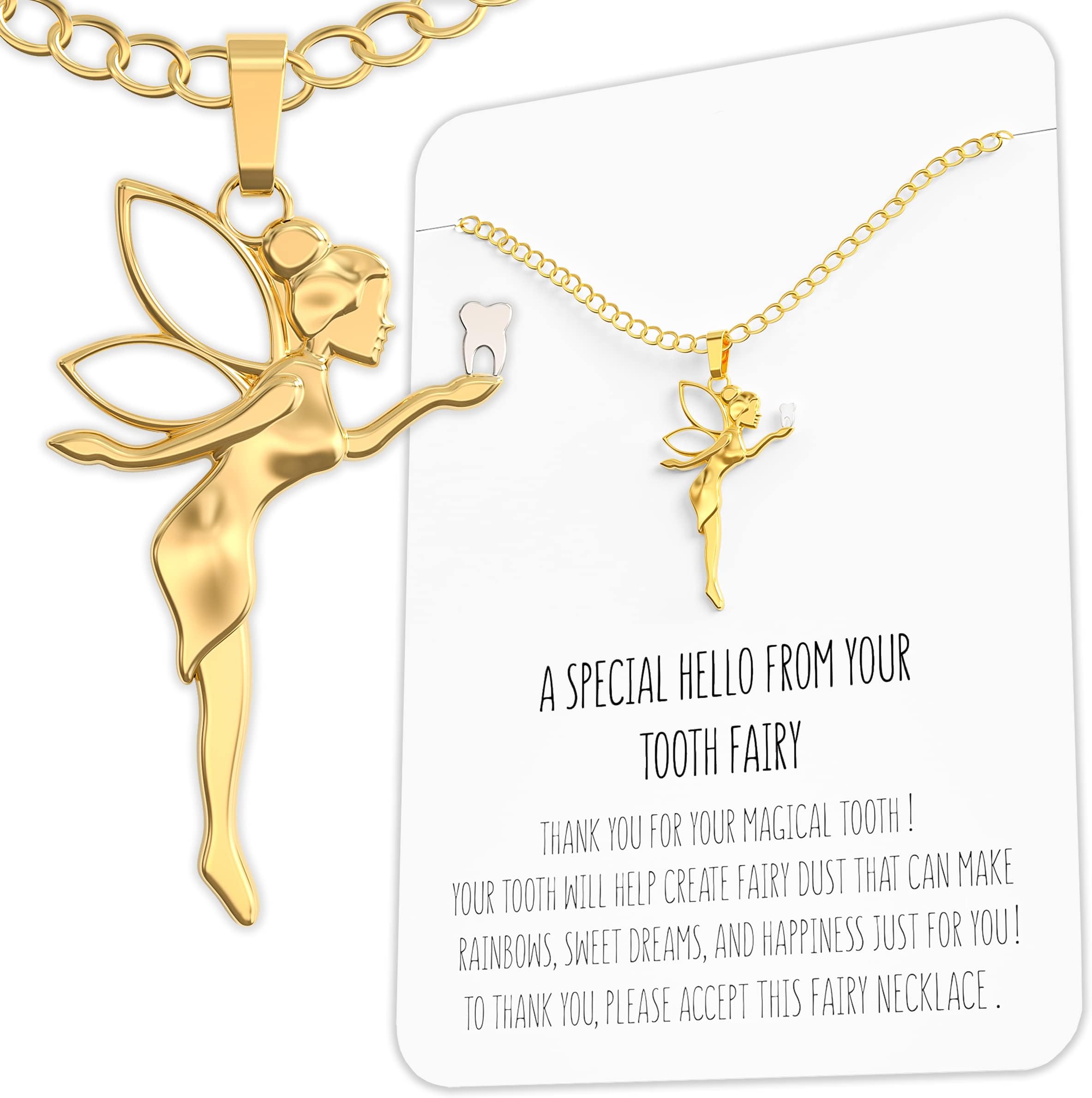 Happy Kisses Tooth Fairy Gift Necklace For Girls 5-7 With Card From Tooth Fairy - Add to Gifts Box or Kit for Under Pillow