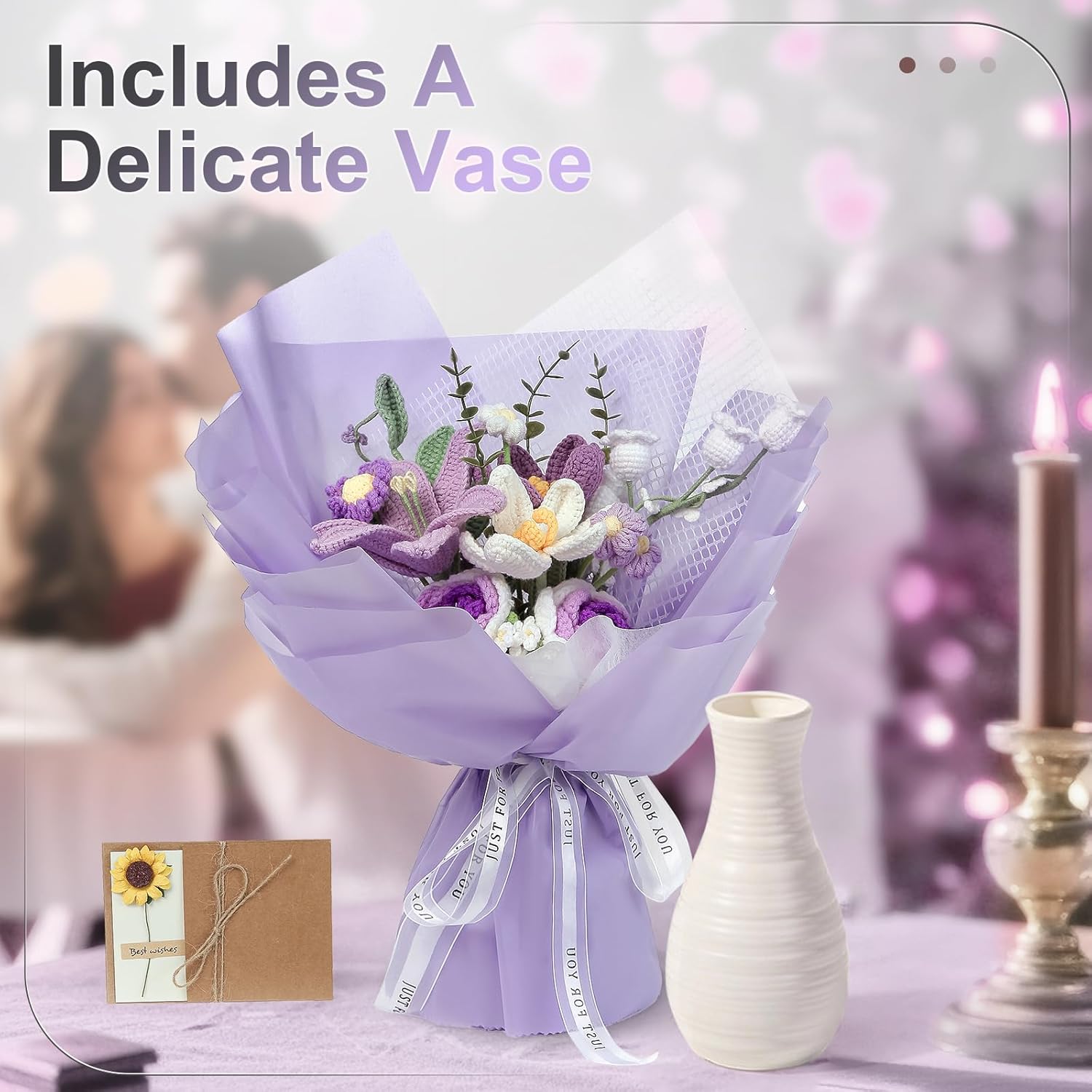 Valentine’s Day Crochet Flower Bouquet, Everlasting Purple Knitted Flowers with Tulips & Crochet Roses, Elegant Valentines Flowers Gift for Her, Handmade Floral Bouquet Home Decor - Image 2