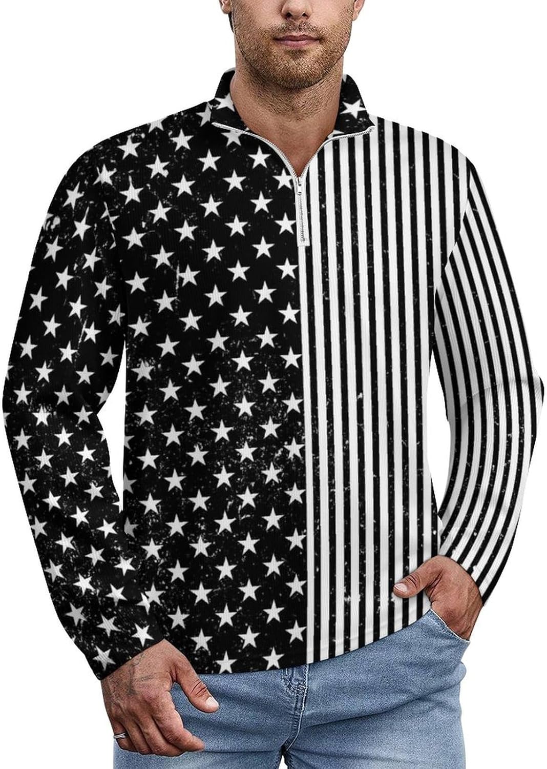 Mens Sweater Polo- Shirt Sweater Jamaica Sweatshirt Zipper Neck Pullover for Men Unique Golf Long Sleeves Athletic