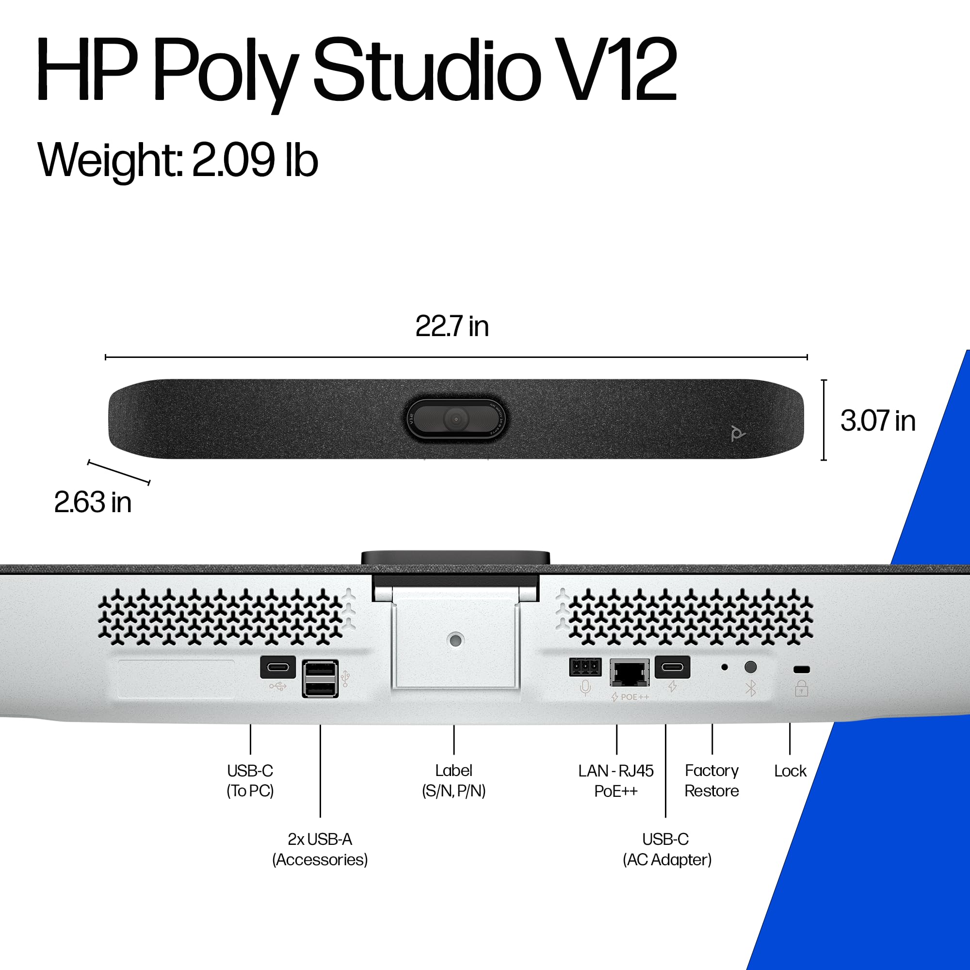 POLY Studio V12 – bar wideo USB z kamerą 20 MP i szerokim kątem 120°, wielofunkcyjne rozwiązanie konferencyjne z mikrofonem i głośnikiem, do małych pomieszczeń konferencyjnych, kompatybilny z zoomem