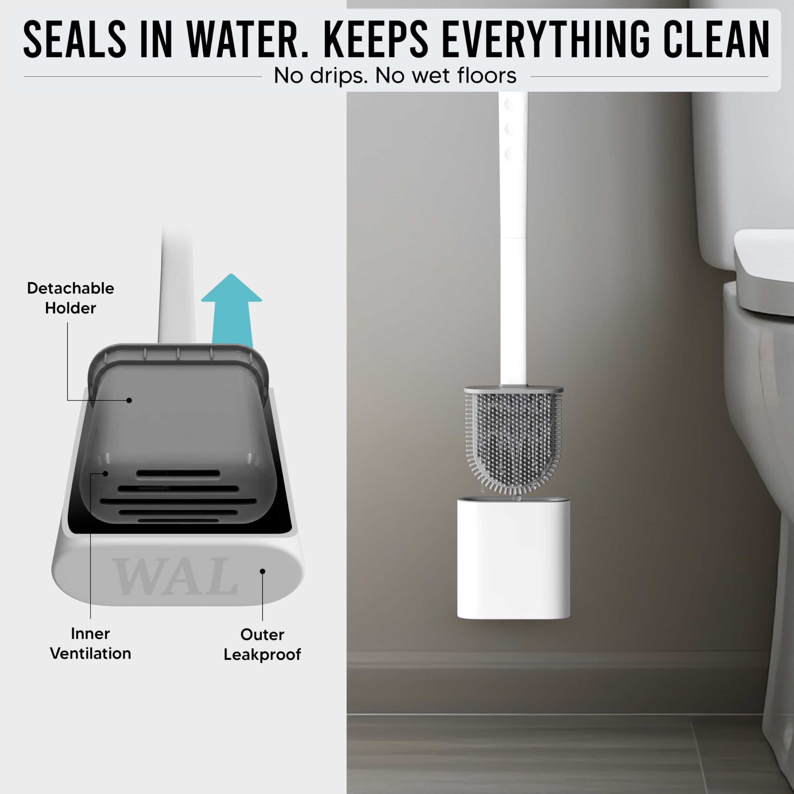 Brosse Toilettes WC Silicone avec Support - Brosse WC Silicone Plate, sous Le Rebord - Brosse WC Murale sans Perçage - Rinçable, sans Gouttes - Porte Brosse WC Suspendu, Lot de 2, Blanc