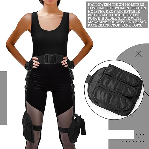 Miniatura 6 de Jiuguva 3 piezas de disfraz de Halloween para mujer, pistolera de pierna ajustable, guantes de cuero, camisetas sin mangas