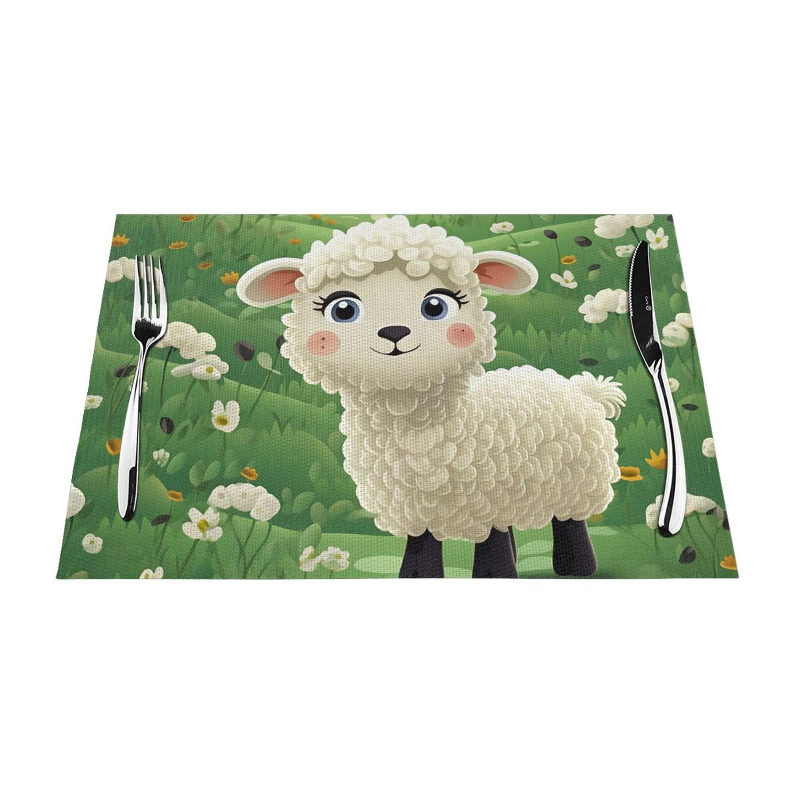 Cute Cartoon Sheep Placemats Set of 1 - Woven Vinyl Kitchen Table Placemats - Heat Resistant Non-Slip Place Mats for Dining Table, Washable Indoor Outdoor Table Mats 12x18 Inch