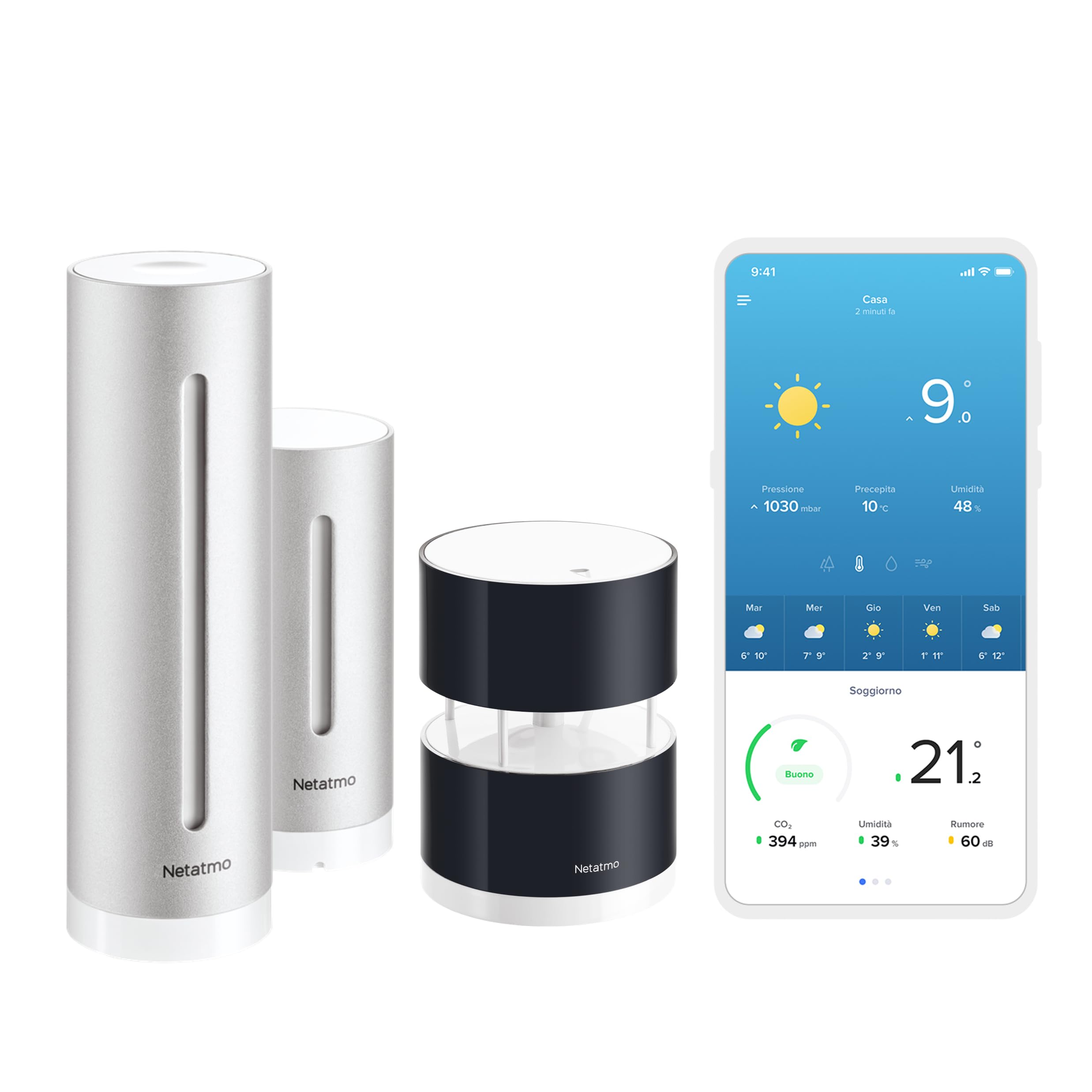 Netatmo Stazione Meteo con Sensore Esterno Wireless con supporto a parete, Termometro, Igrometro & NWA01-WW Wind Gauge - Anemometro Intelligente per Stazione Meteo Netatmo
