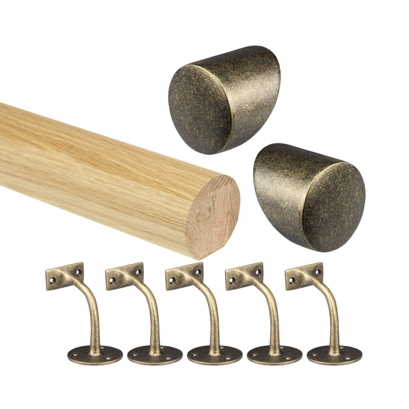 Jackson Woodturners Antique Brass Oak Round Mopstick Handrail Kit With Wall Brackets & Forge End Caps – 1800–4200Mm, Chrome/Black/Brushed Nickel/ (, 4200Mm)