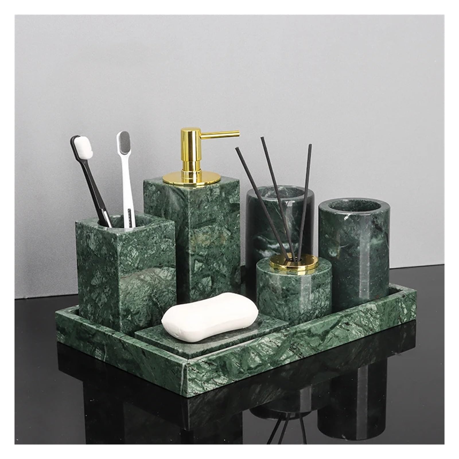 Set Bagno Accessori da bagno in marmo verde | Set di scatole for fazzoletti portaspazzolino con dispenser di sapone retrò(Cotton swab can B)