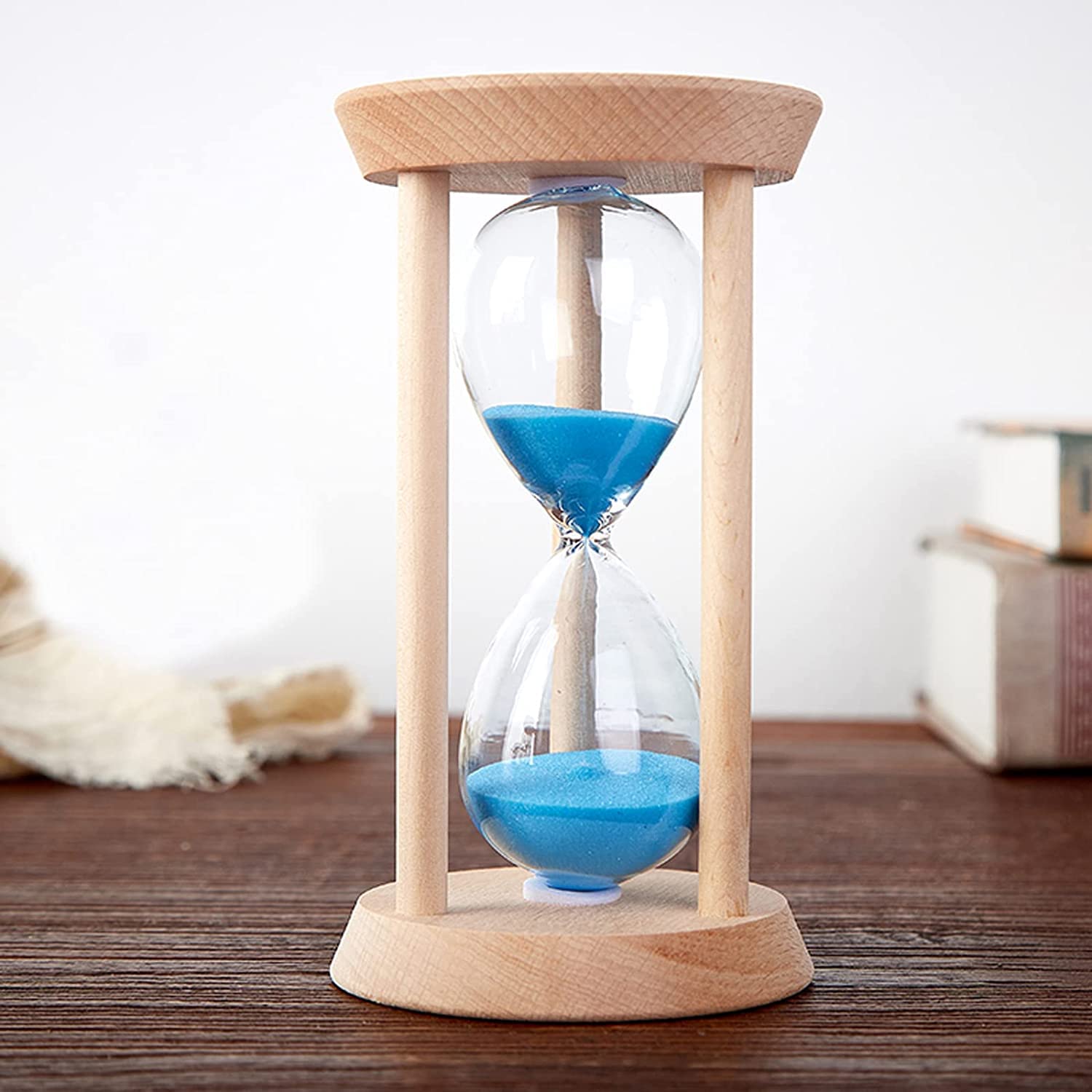 Temporizador de Reloj de Arena de 3/5/10/15/30 Minutos, Marco de Madera Maciza, Decorativo y único for Escritorio de Oficina. ，Reloj de Arena(Blue,10 Minutes)