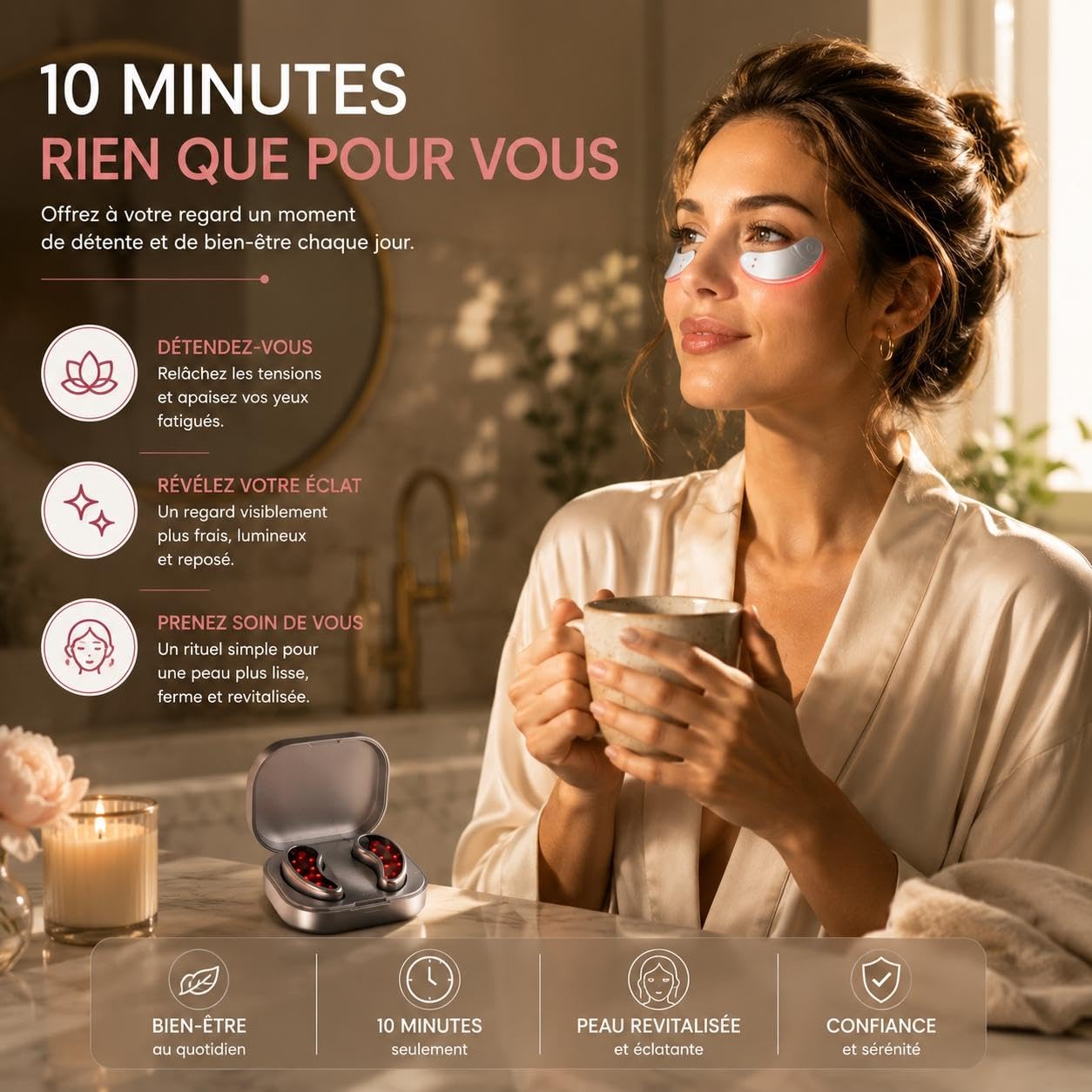 Patchs LED Rechargeables pour le Contour des Yeux – Massage à Lumière Rouge Anti-Cernes, Anti-Poches et Anti-Rides, Soin Raffermissant Portable pour un Regard Plus Éclatant