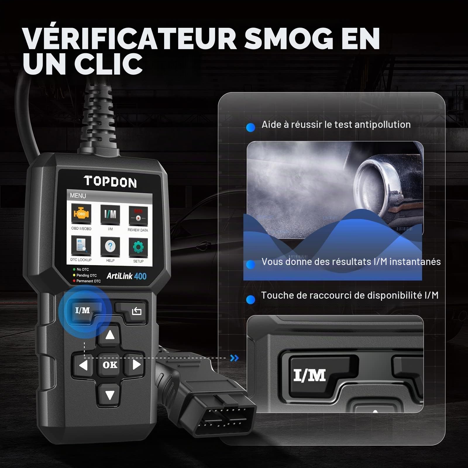 TOPDON AL400 Lecteur de Codes OBD2, 10 Fonctions OBD2, Vérification du Voyant Moteur/Test d'émissions polluantes/Test du capteur O2 / EVAP, Mise à Jour Gratuite à Vie