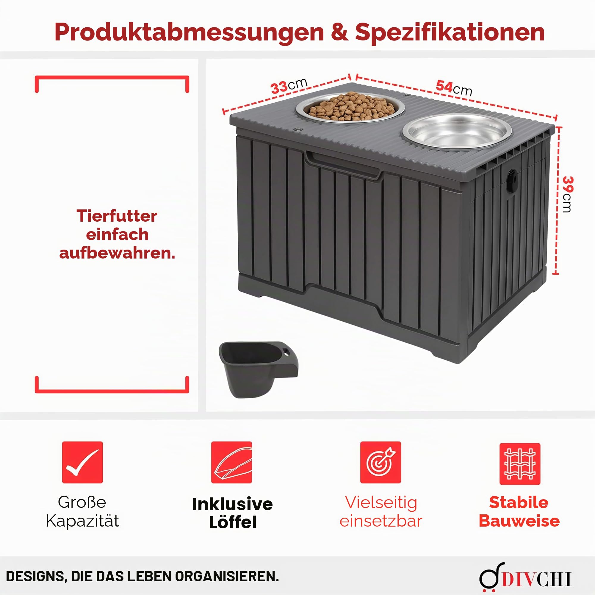 DIVCHI 2-in-1-Futterstation mit erhöhten Hundenäpfen, Doppel-Edelstahlnäpfen und Schaufel für Hunde und Katzen