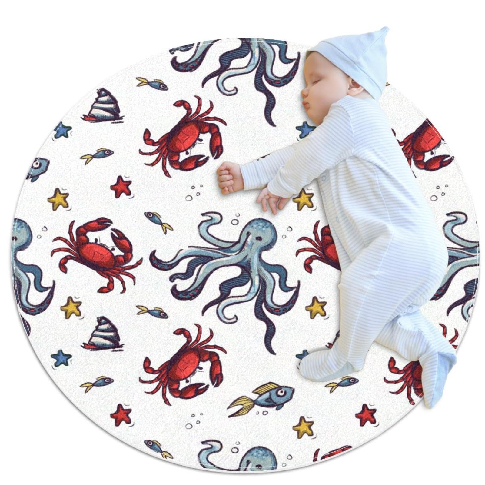 Tapis de bain antidérapant rond 1m avec poissons et crabe pour sol sécurisé