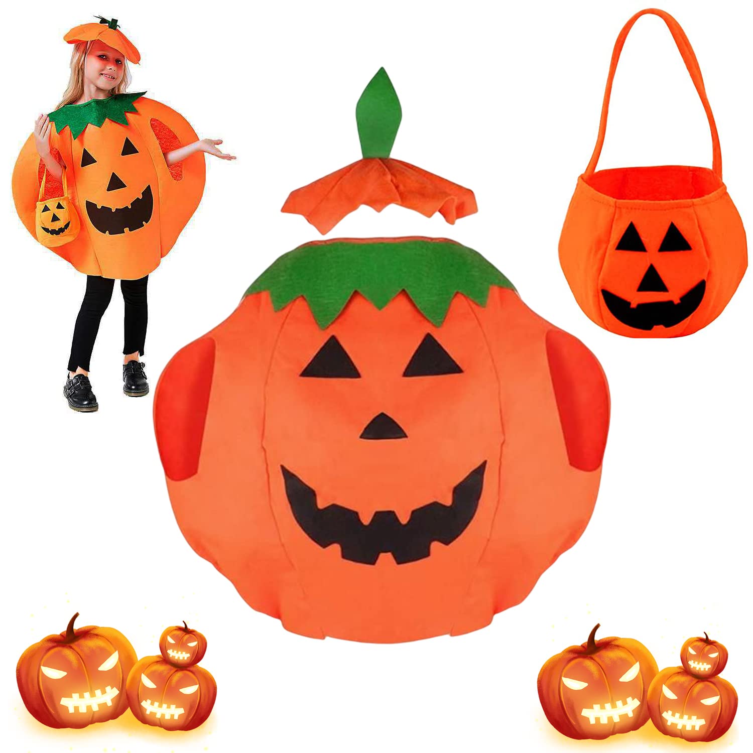 DONGSZQ 3 Piezas Disfraz de Calabaza de Halloween, Disfraz de calabaza para Niños, Disfraz de Calabaza para Bebé, con Sombrero y Bolsas de Dulces, para Halloween Carnaval Cosplay