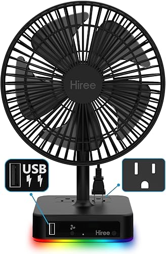 Hiree Ventilador de escritorio con puerto de carga USB, ventilador de mesa de escritorio pequeño de 6.7 pulgadas de 2 velocidades con cargador USB,