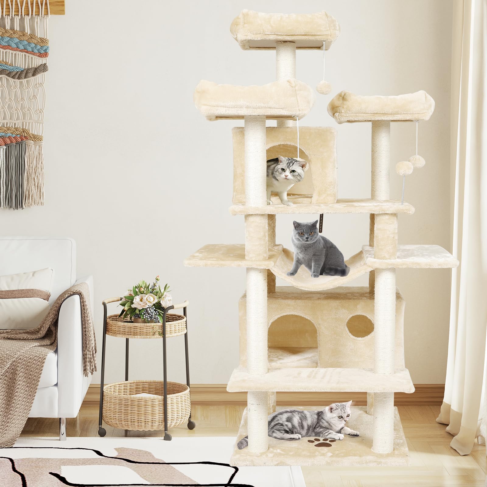 MSmask, Tiragraffi grande, in formato XXL, 175 cm, stabile, con 3 grandi piattaforme di osservazione, per gatti di grandi dimensioni, elementi tiragraffi in sisal (beige)