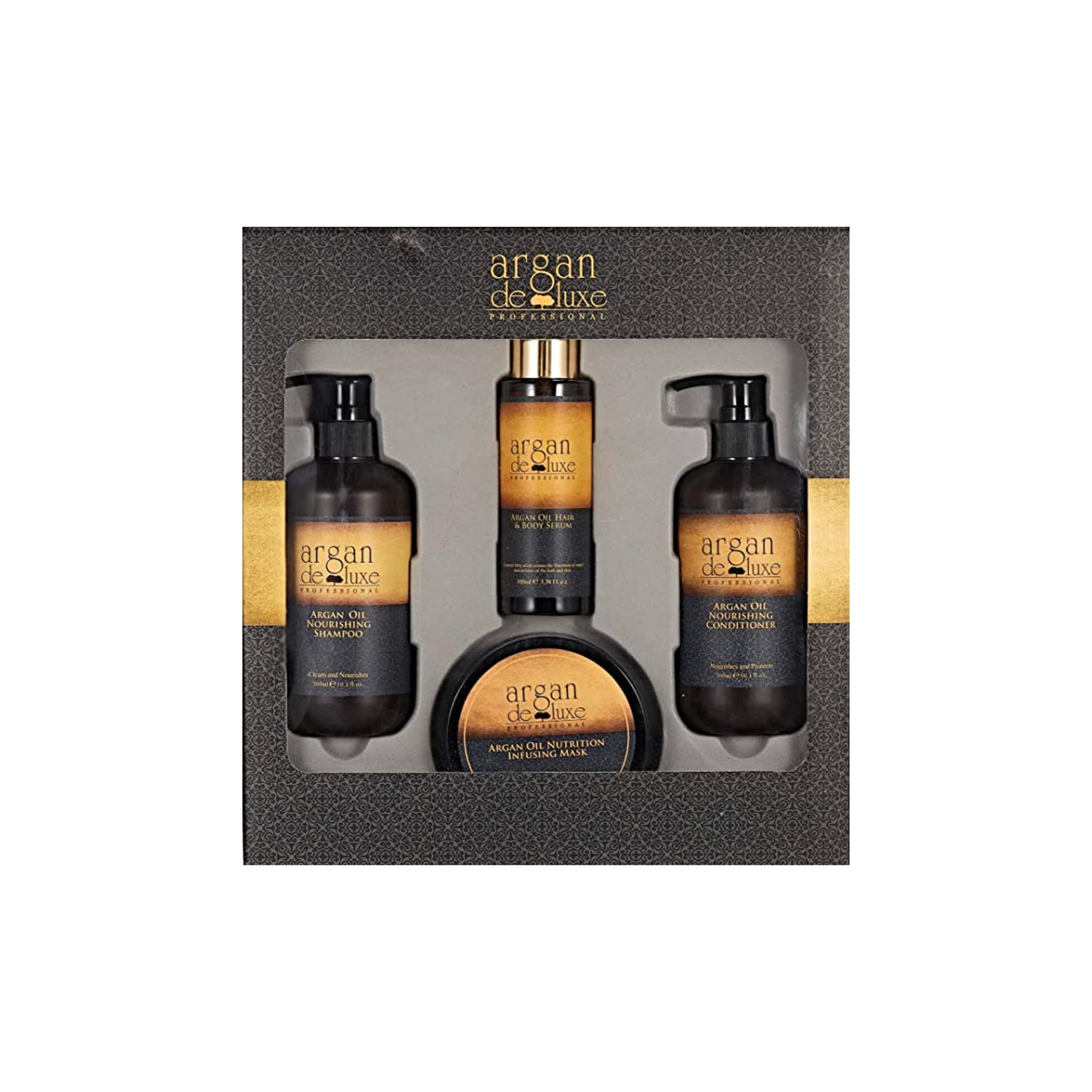 Argan de Luxe Deluxe kit Set - Luxury Hair Care Sets from Morocco, Nourishing Shampoo & Conditioner, Infusing Mask and Oil Serum - 4 Gift Sets