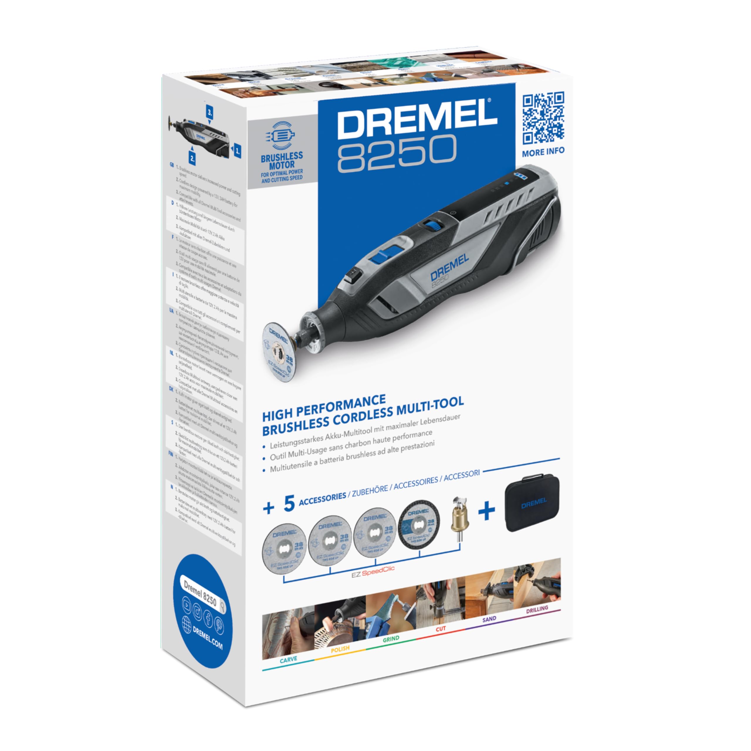 Dremel 8250 Multifunzione Rotativo Senza Fili 12V Brushless Velocità Variabile 5.000-30.000 giri/min con Borsa per Attrezzi, 5 Accessori, Batteria 2.0Ah per Smerigliatura, Foratura, Fresatura