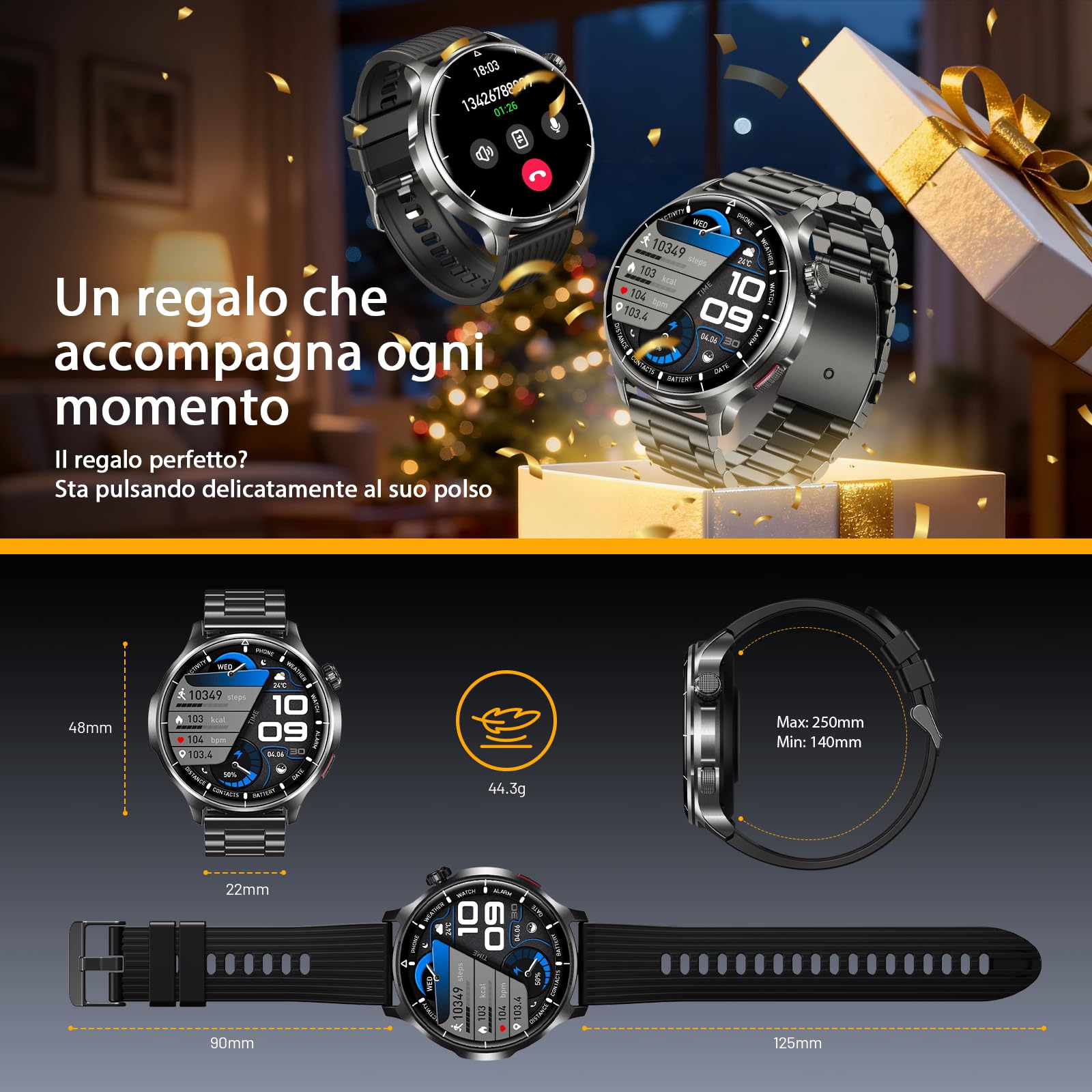 SLOKSFil Smartwatch Uomo con Chiamate Bluetooth, 1.52" HD Orologio Intelligente Fitness, con 1000 mAh 24/7 Cardiofrequenzimetro SpO2 Sonno 110+ Sport Impermeabile IP68, per Android iOS (Acciaio Nero)