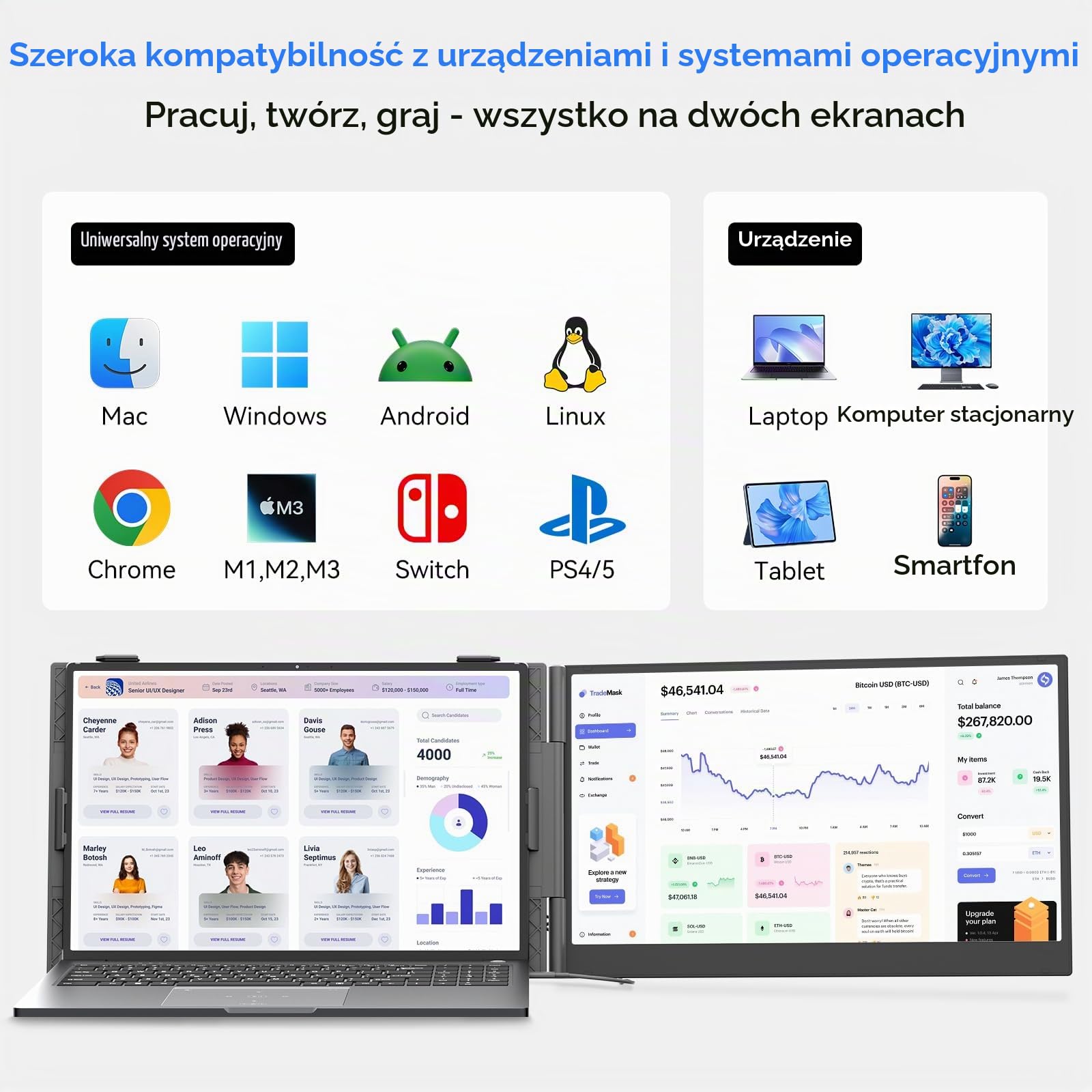 Blackview Podwójny ultracienki przenośny ekran PC z certyfikatem TÜV SüD, 14" IPS FHD 1080P, monitor do laptopa, bez sterownika Plug & Play, ekran laptopa, idealny do pracy w podróży