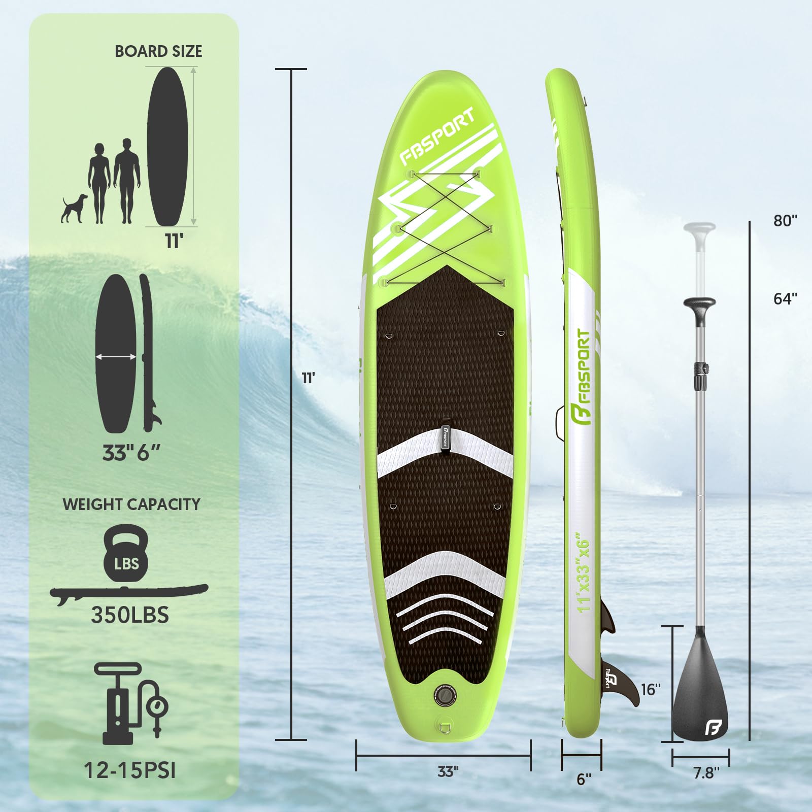 FBSPORT Tavola da SUP Gonfiabile SUP, Stand Up Paddling Board, Stand Up Paddle Board Gonfiabile per Stand Up Paddling 15CM Spessore, Surf con Alluminio Regolabile SUP Paddle + Pompa