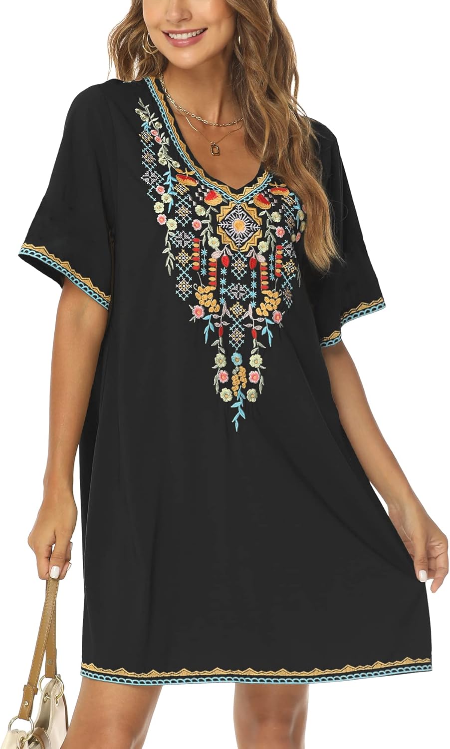 Grosy Women's Embroidered Mexican Peasant Dresses, Plus Size Fiesta Boho Dress for Women, Traditional Floral Bohemian Tunic