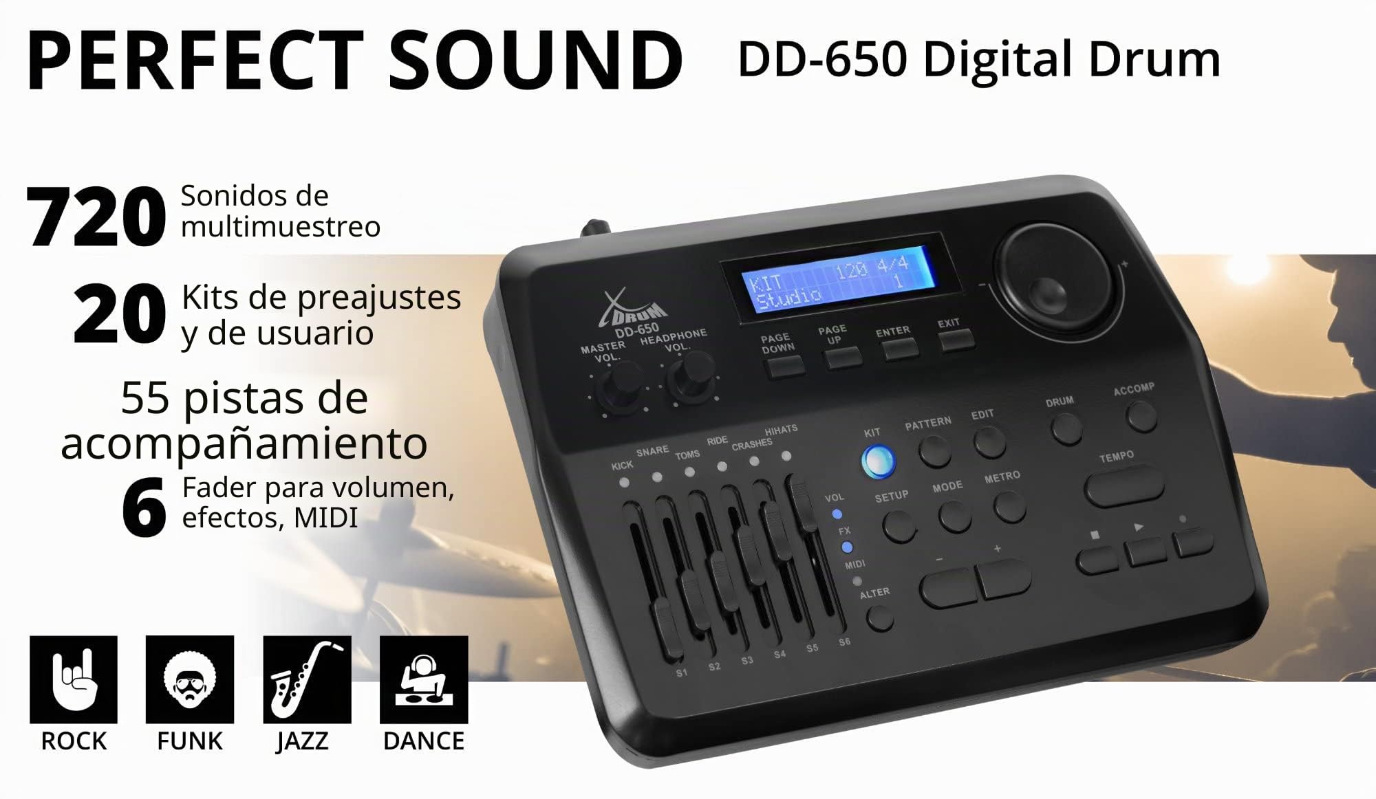 XDrum DD-650 Mesh E-Drum Kit, 1x pad de bombo de 14" con carcasa de madera | Batería electrónica con Mesh Heads de doble capa, 1x pad de caja dual-zone de 14" con carcasa de madera, Módulo, 720 sonidos