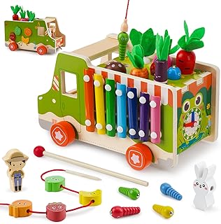 Goffii Montessori Toy from 3 4 5 Years, 10 in 1 Children's Toy, Truck Wooden Toy, Sorting Stacking Toy, Fruit Vegetable Theme, Motor Skills Toy, Gift for Girls, Boys, Children, Baby