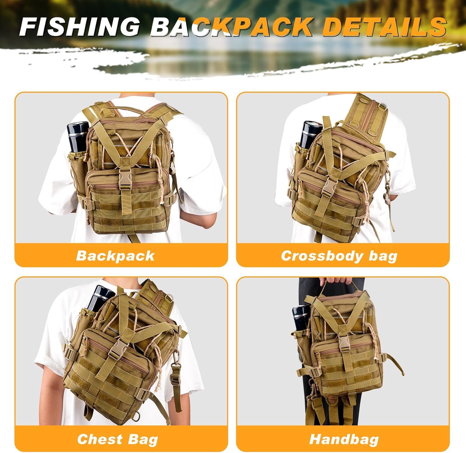 NewBEP Lot de 139 sacs à dos de pêche, sac à dos de pêche avec accessoires, sac de pêche, pince à poisson, ensemble d'accessoires de pêche en eau salée, marron, Sac à dos multifonction