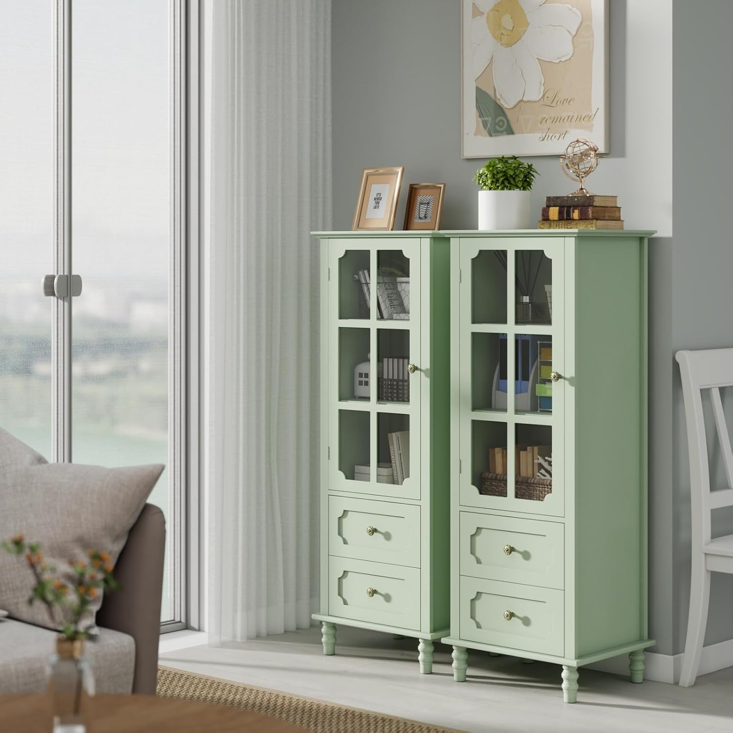 Minimalism Buffet Cabinet with Glass Doors and Double Drawer, Modern Wooden Storage Sideboard Cupboard for Living Room, Dining Room Hallway Entryway (Mint Green)