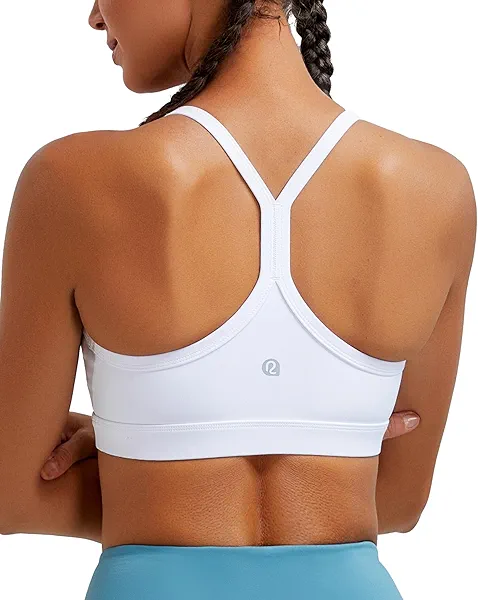 RUNNING GIRL Sports Bra for Women Ruched V Neck - Y Back Spaghetti Sports Bra with Removeable Pads, Best for A-C Cups White Medium