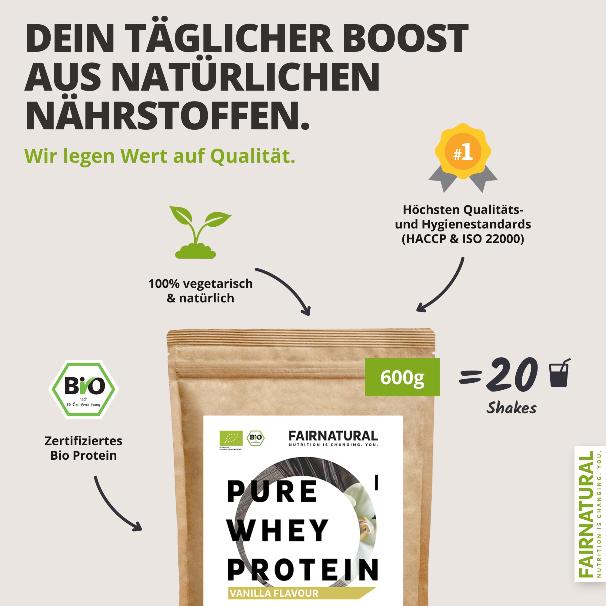 BIO WHEY Protein-Pulver Vanille ohne Chemie [Regional aus Deutschland] - Hochwertige Eiweiß-Shakes » 100% NATÜRLICH « 600g Bio Eiweiß-Pulver aus Premium Molkenprotein-Pulver ohne Soja
