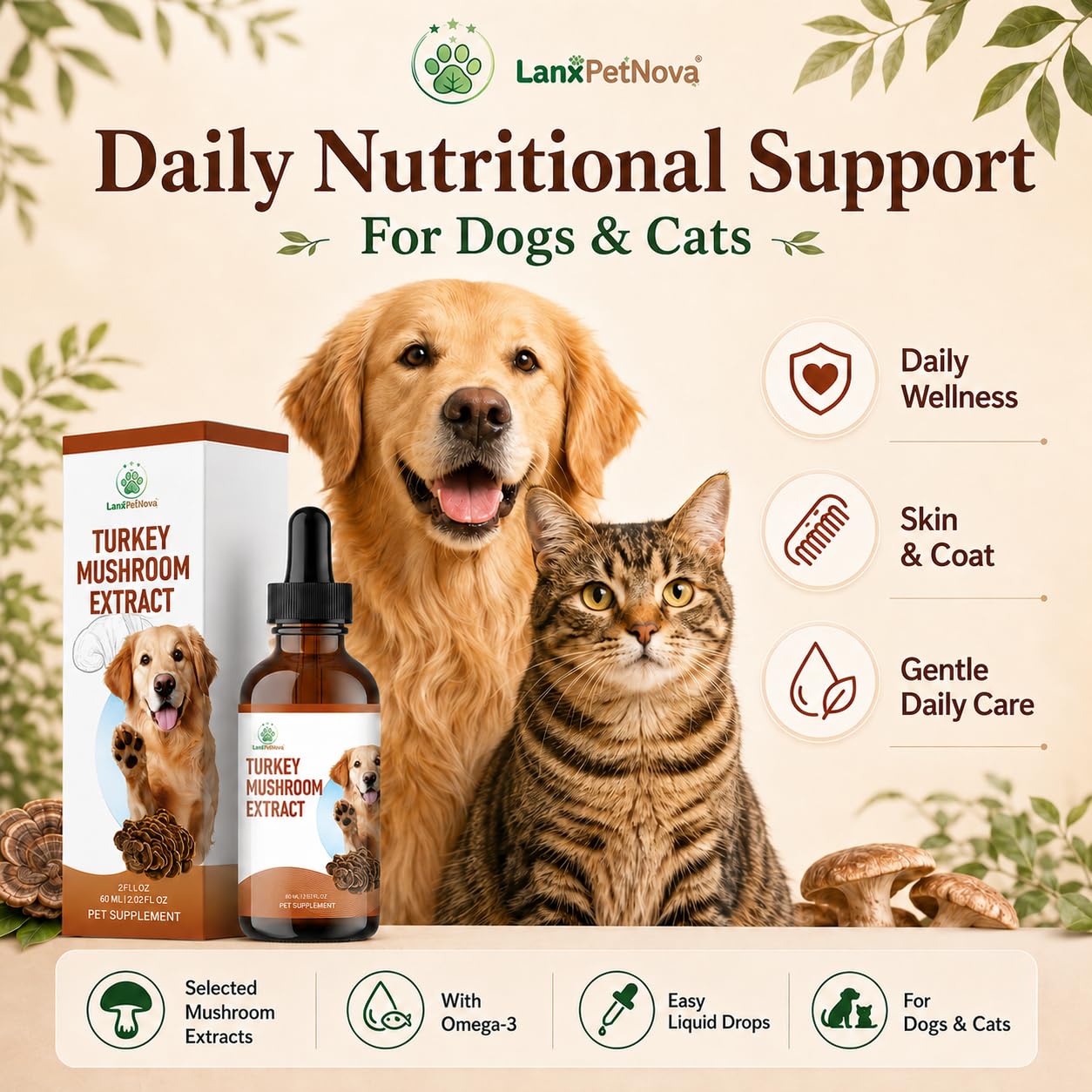 Extracto de Hongo Cola de Pavo para Perros y Gatos, Gotas Líquidas con Reishi, Chaga y Omega-3, para Mascotas Mayores, Sensibles y Debilitadas, Apoya el Sistema Inmunológico, Digestión, Vitalidad