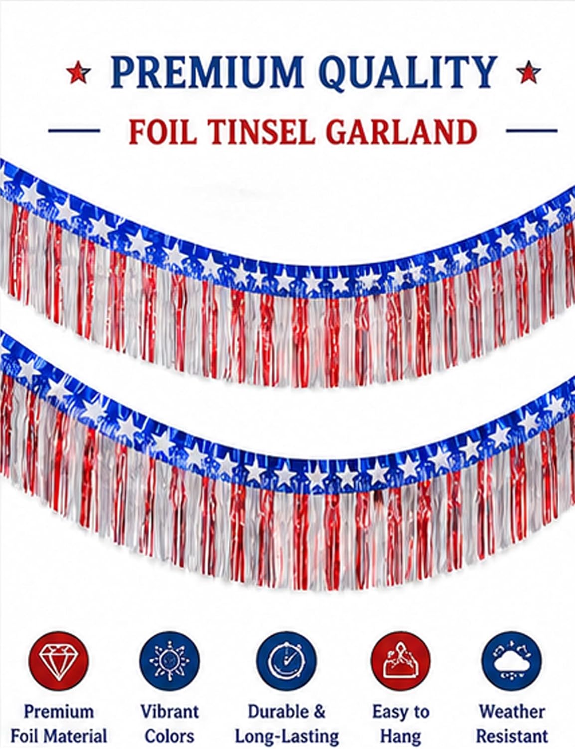 2026 New 4th of July Decorations 2PCS 40 Ft Foil Fringe Garland Tinsel Streamers, Red White and Blue Star Metallic Hanging Backdrop Banner Table Skirts for Parade Floats Memorial Day Patriotic Party