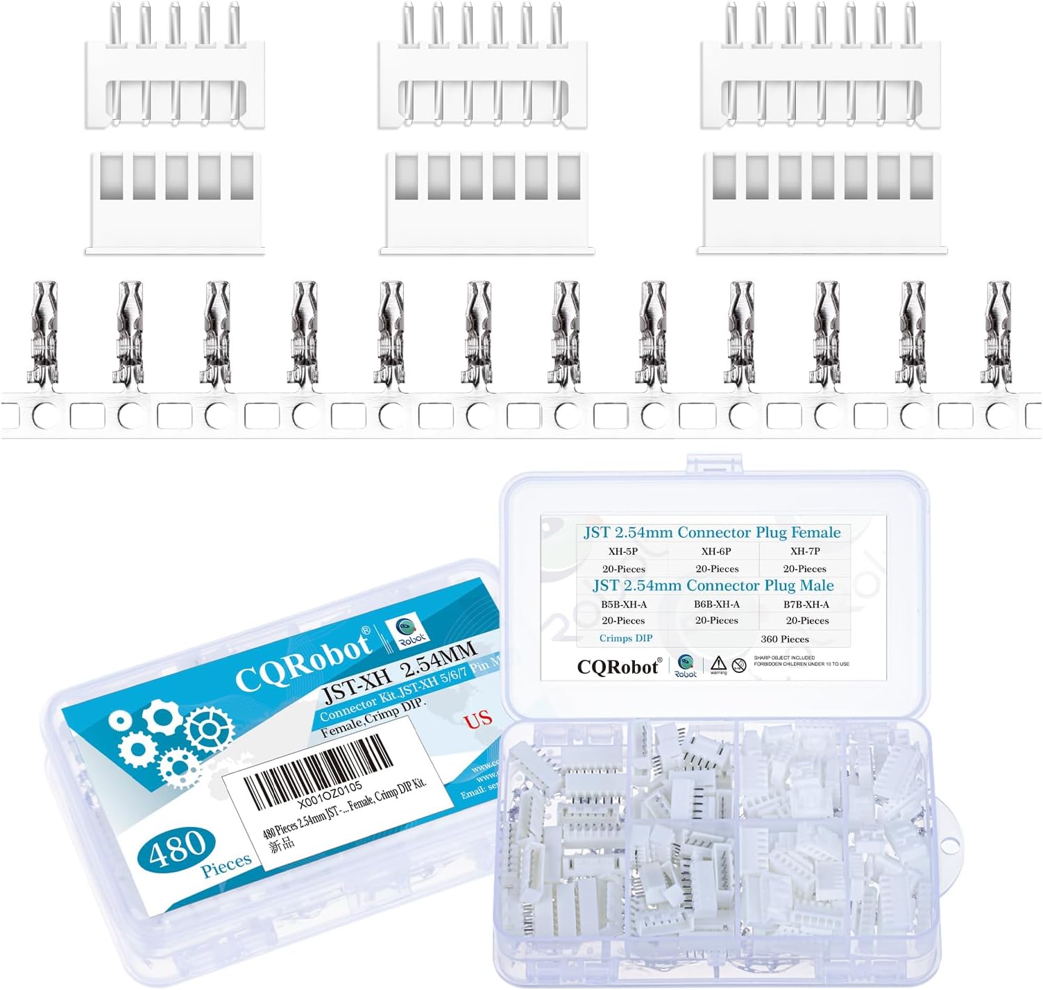480 Pieces 2.54mm JST-XHR JST Connector Kit. 2.54mm Pitch Female Pin Header, JST XH - 5/6/7 Pin Housing JST Adapter Cable Connector Socket Male and Female, Crimp DIP Kit.
