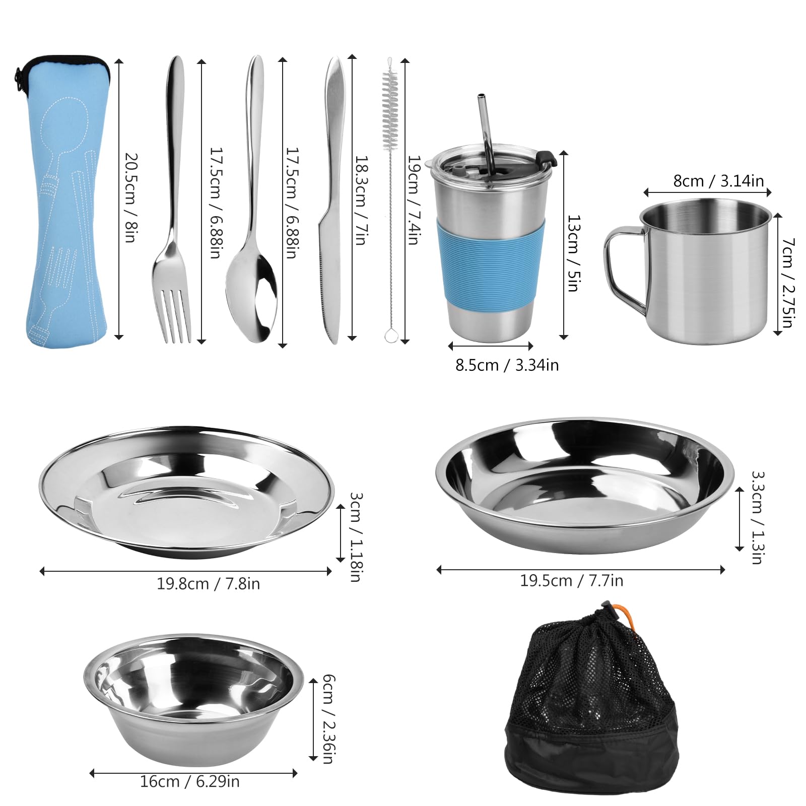 Set Posate Da Campeggio In Acciaio Inox Pieghevole - 8 Pezzi Con Borsa, Per Picnic, Trekking, Viaggi - Foto 8