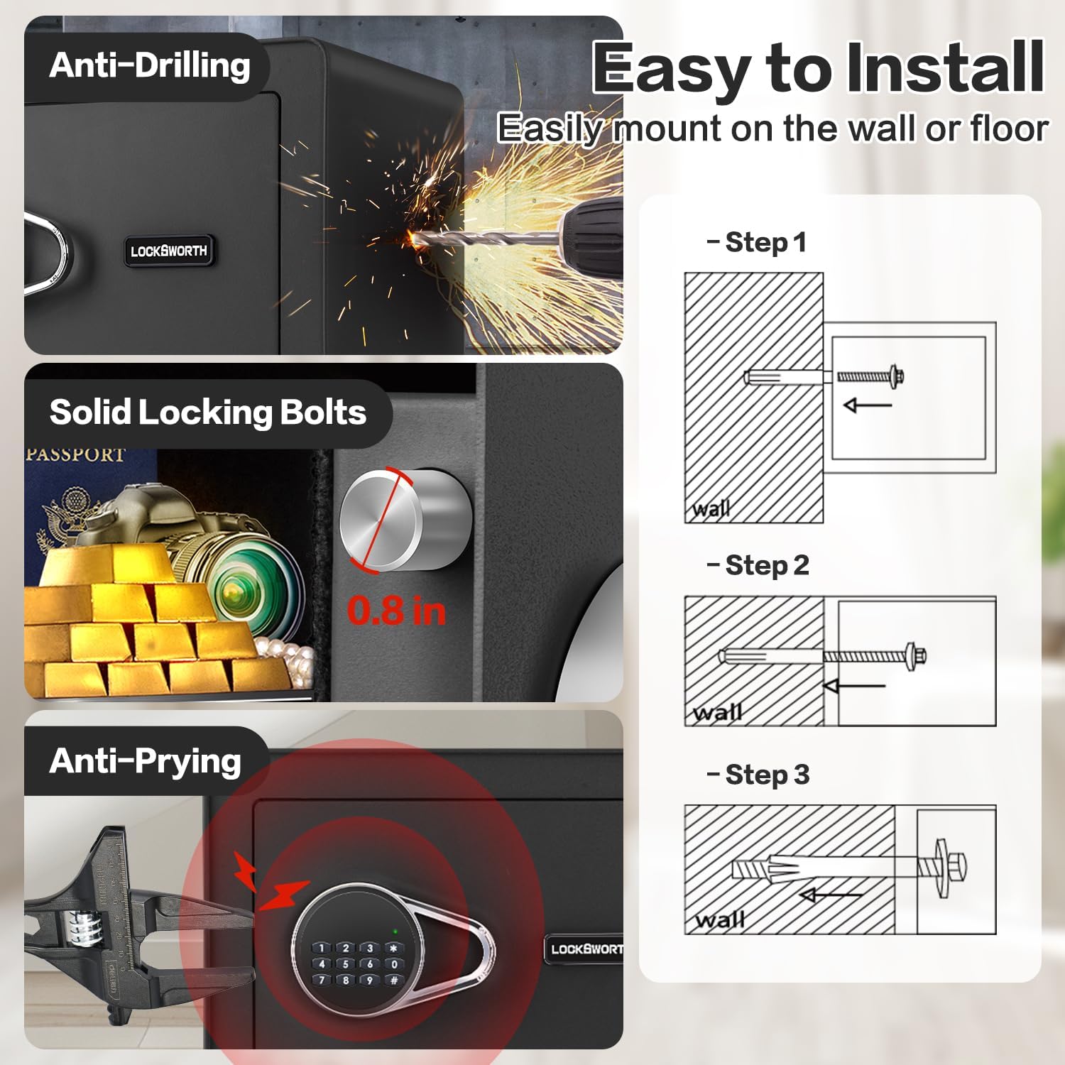 Diagram showing anti-drilling, solid locking bolts, anti-prying features, and a three-step guide for easy wall mounting.