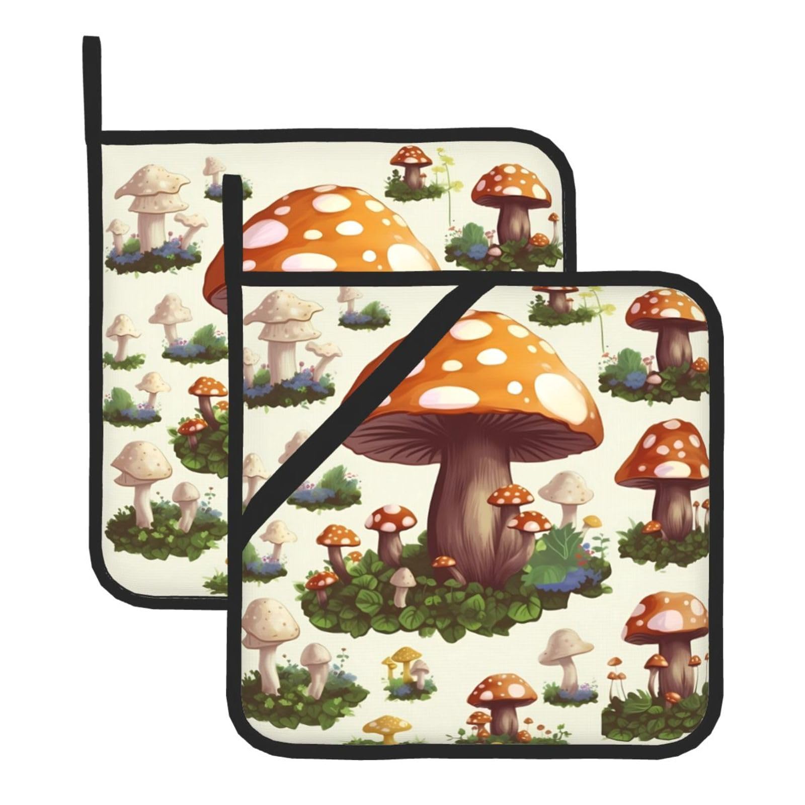 Japanese Painting Mushroom Large 8x8 in Pot Holders Sets Heat Resistant Potholders Hot Pads Kitchen,Non-Slip BBQ for Kitchen,Cooking,Baking,Grilling