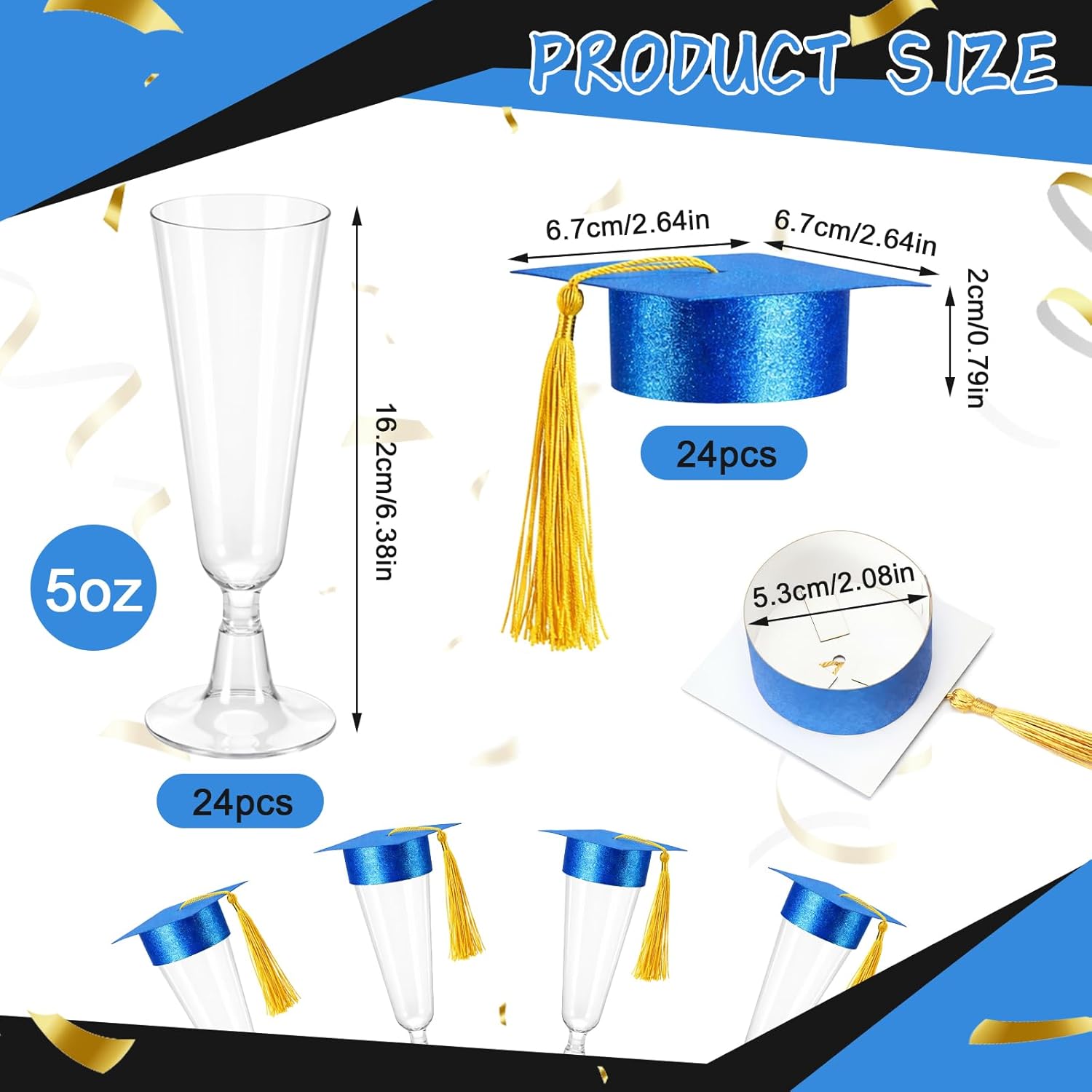 Ziliny 24 Set Graduation Cap Champagne Plastic Flutes with Graduation Cap Champagne Topper 2026 Grad Party Decoration
