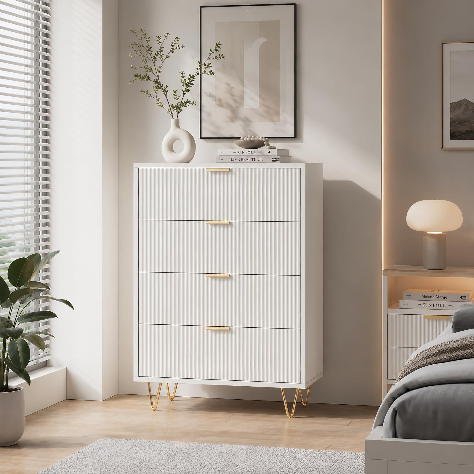 Cajonera De Madera Con Patas De Metal Y Tirador De Metal, Comoda De Almacenamiento De Estilo Moderno Para Dormitorio, Estudio, Oficina, Pasillo (Blanco, 4 Cajones)
