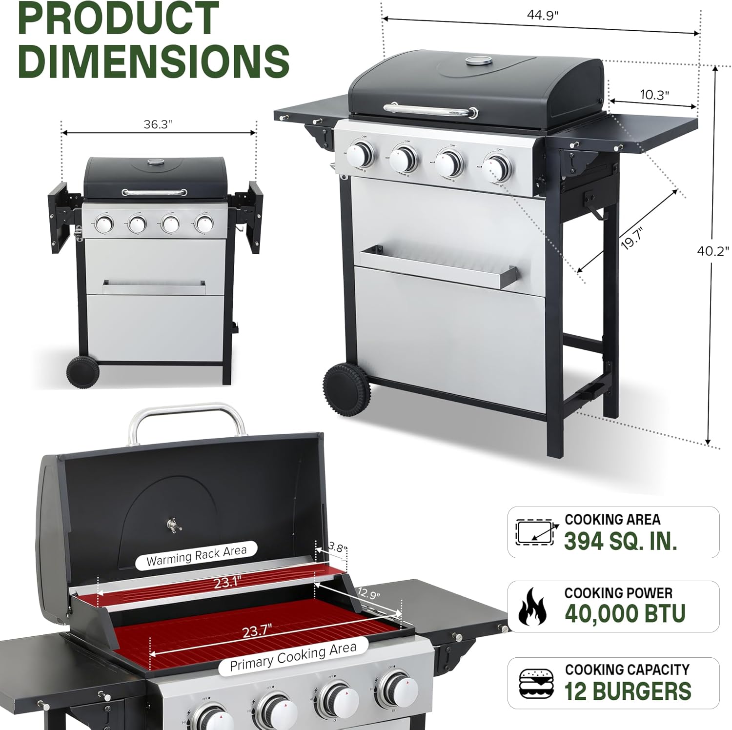 Propane Grill with Folding Side Tables, 4-Burner Gas Grill with Full-Size Grease Tray and Removable Grease Cup, 40,000 BTU BBQ Grill with Wheels for Outdoor Cooking