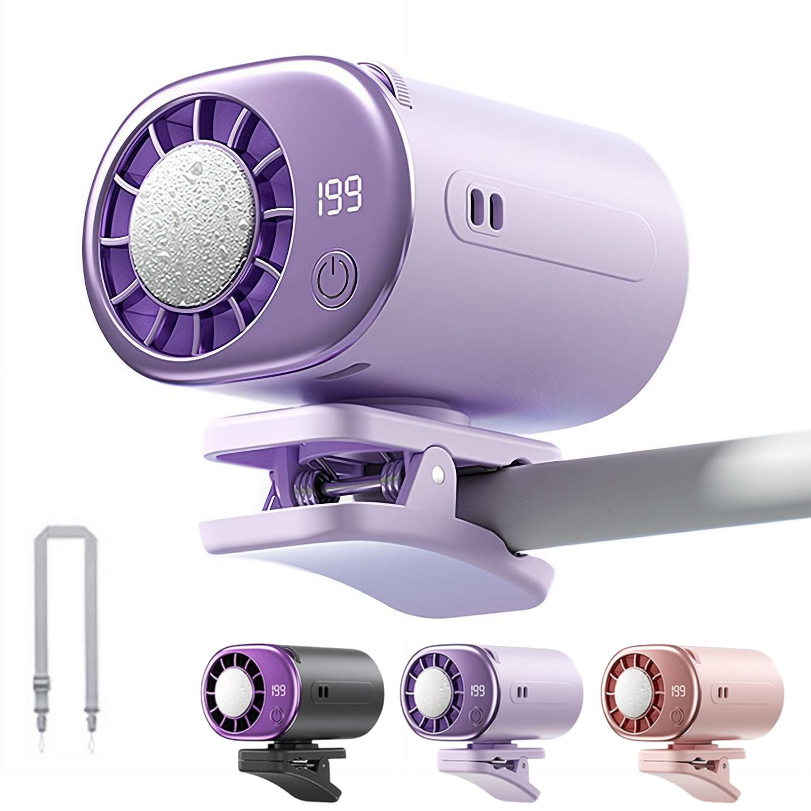 Car Clip On Air Conditioner,2026 Portable Clip Fan with LED Display,199 Speeds Adjustable,360° Rotation,USB Rechargeable,2000mAh Battery,Hands-Free Neck Fans for Car Visor,Desk,Stroller & Neck(Purple