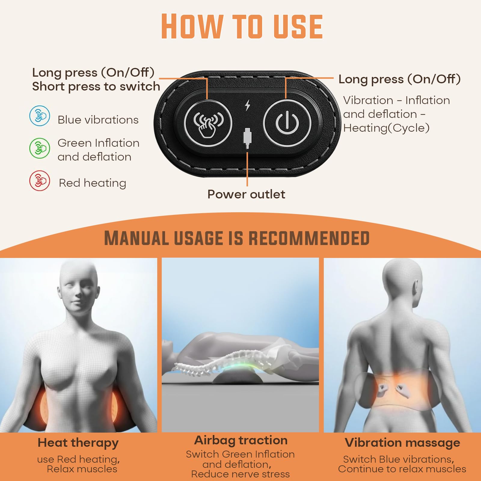 3-in-1 Ergonomisches Rückenmassagegerät, Wärme, Vibration,Zug,back massager | Dieses Massagegerät rücken mit Zugfunktion, Vibration & Wärmefunktion, Vielseitiges Massagekissen für Zuhause, Büro und Auto