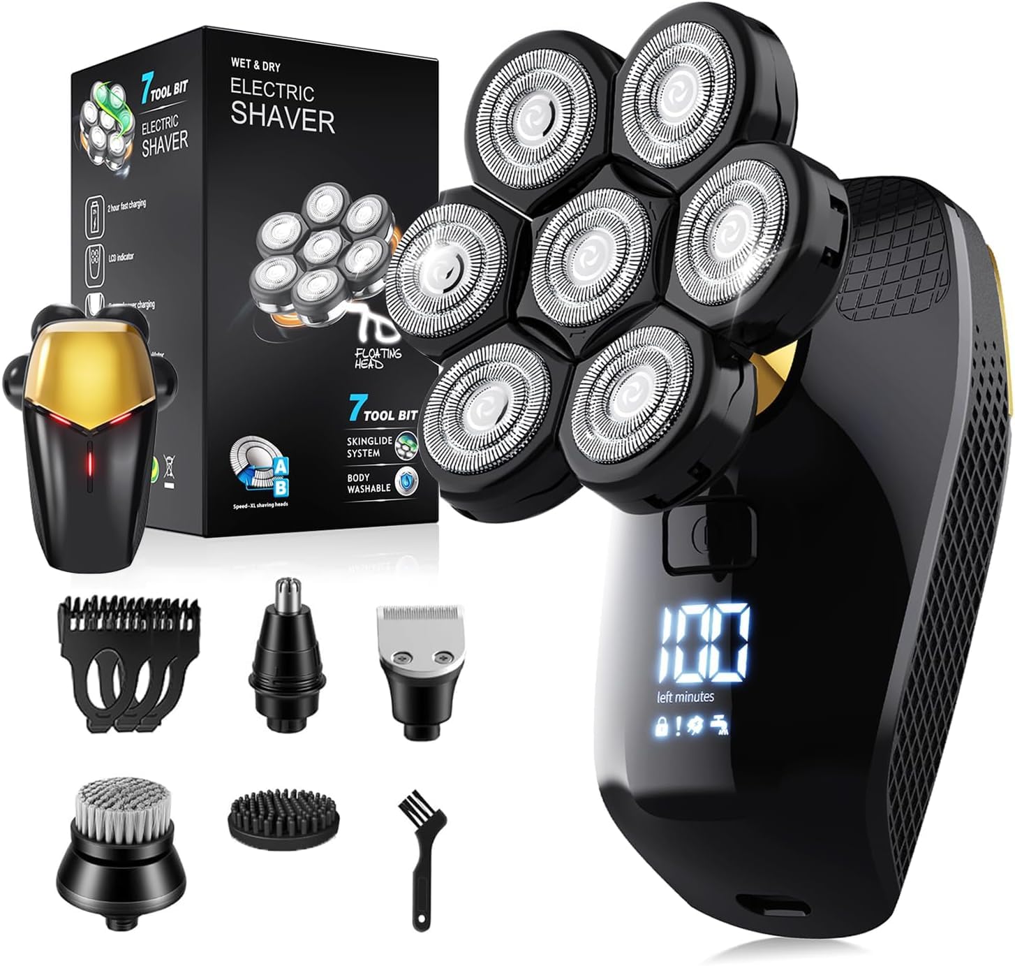 Glatzen- Rasierer Herren elektrisch, 7D Kopfrasierer für Glatze, Wiederaufladbar, IPX6 wasserdicht, inkl. 5-in-1-Pflegeset für Kopf, Bart und Körper, mit LED-Anzeige, 9200 U/min