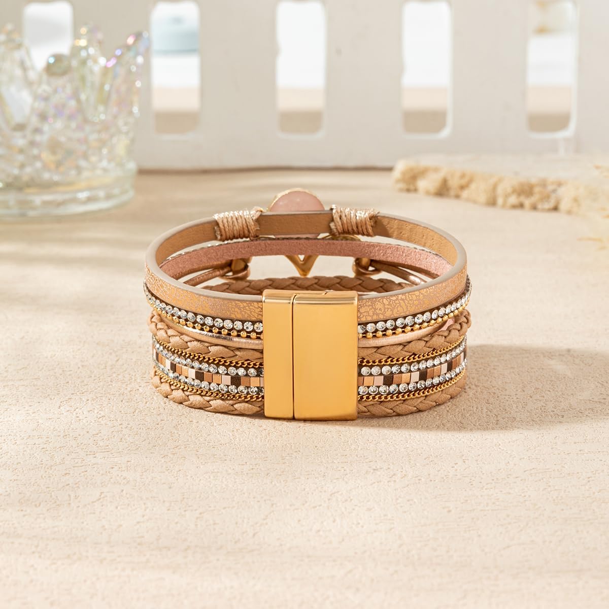 Rantanto Braid Leather Wrap Bracelet Trendy Stackable Crystal Cuff Boho Gold Heart Bracelet Jewelry Gift For Women - Image 5