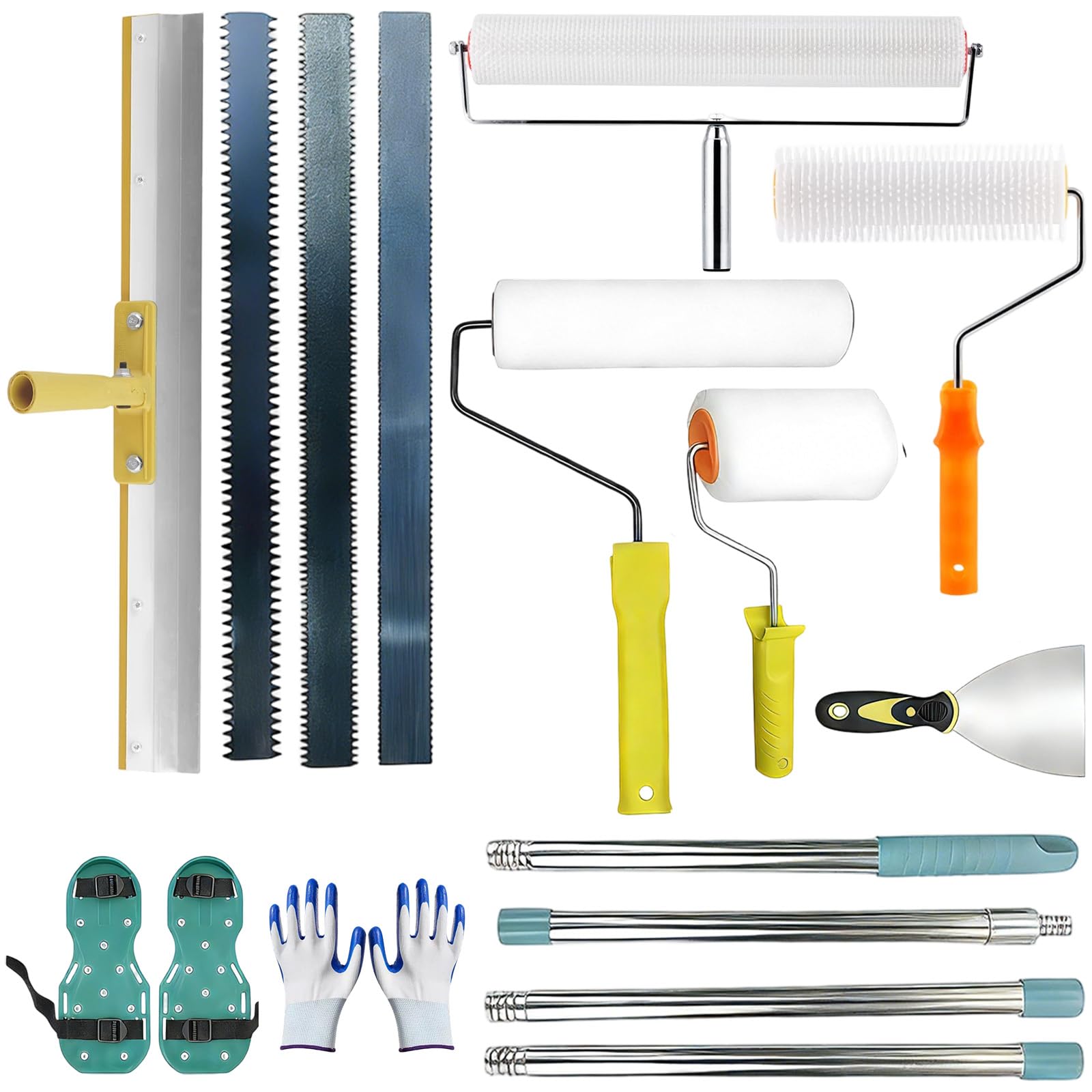 Kit de Herramientas de Autonivelación de Cemento con Rascador de Acero Inox, Palo Telescópico, Zapatos con Pinchos y Guantes, Rodillo de Púas para Autonivelante de Piso Epoxi y Nivelar Suelo Compuesto