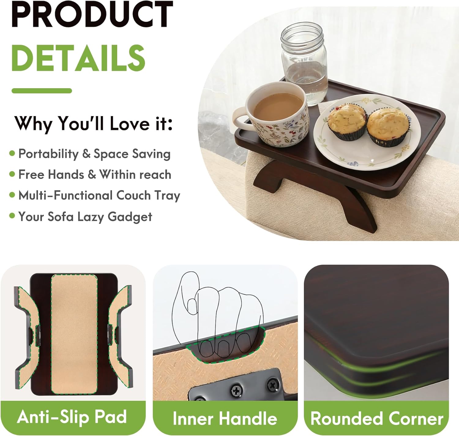 SINWANT Couch Arm Table,Bamboo Sofa Arm Clip on Tray Tables,Couch Armrest Table Suitable for Home Drinks/Eat/Fruit, Snack Chair Tray for Drink Eating