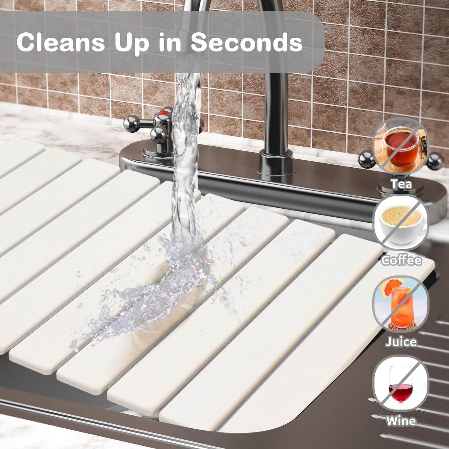 Large Stone Dish Drying Mat for Kitchen Counter, Foldable Quick Drying Dish Mats, Ultra Absorbent Diatomaceous Earth Mats for Dishes Bottles Cups, Match Any Countertop (White 24"×16" & 8"x4")