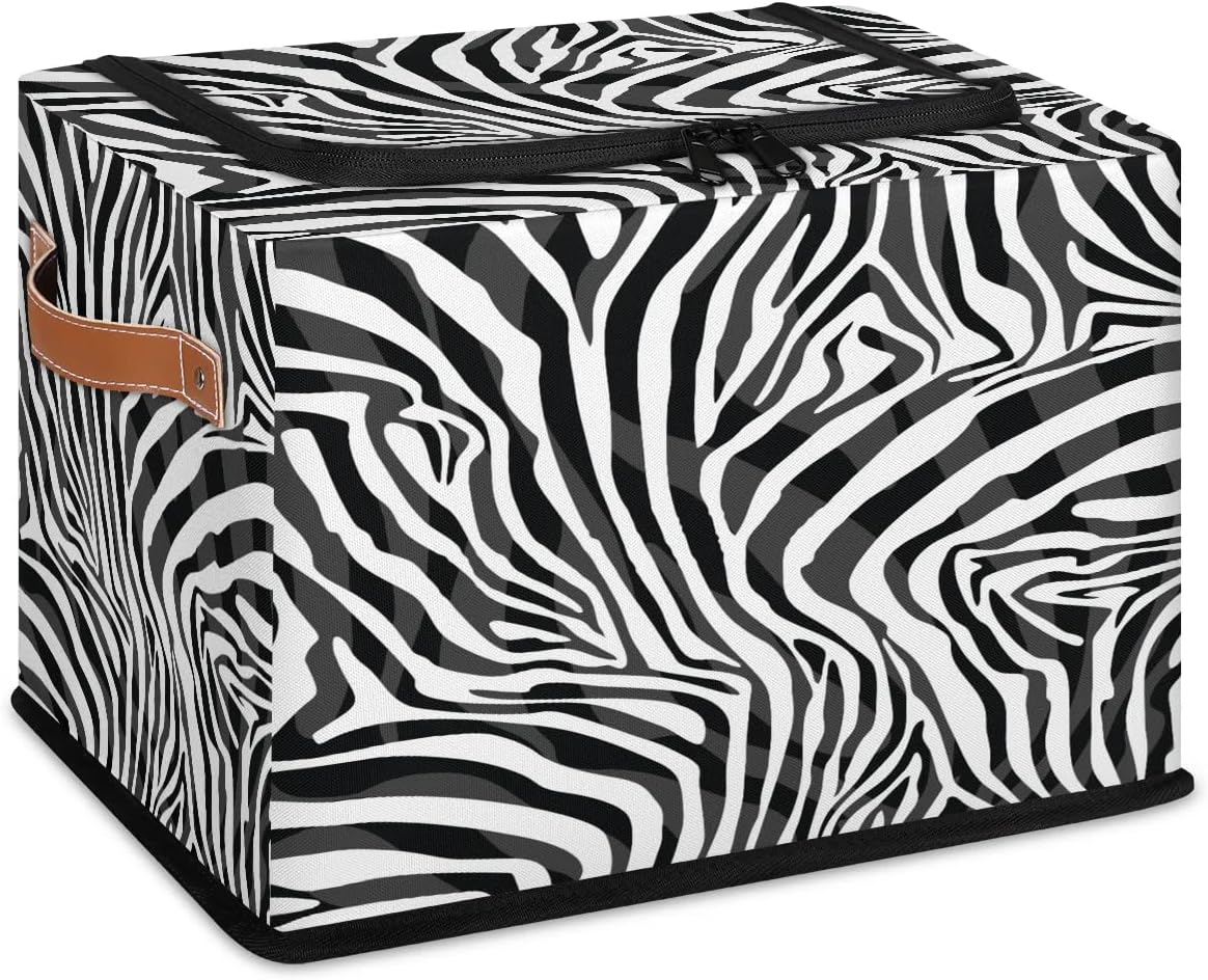Animal Zebra Pattern Storage Bins with Zipper Lid Foldable Fabric Storage Baskets for Clothes Blanket Toys Collapsible Storage Box Closet Organizer with Handles